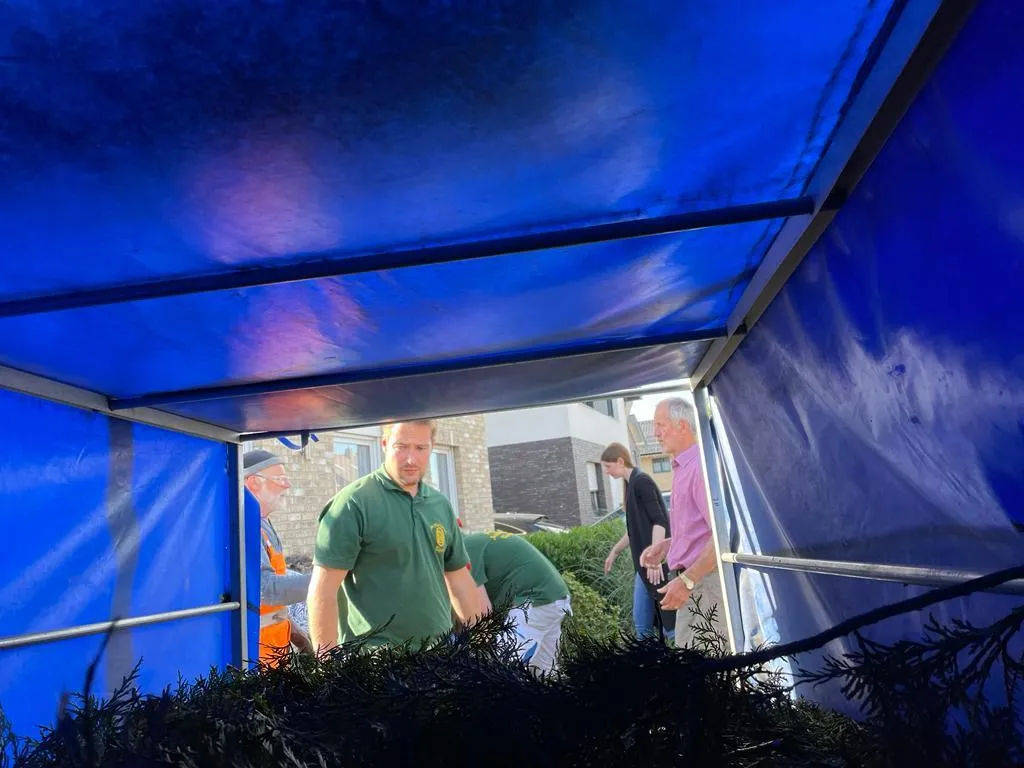 Helfer richten den Tannengrün-Bogen vor dem Königshaus aus
