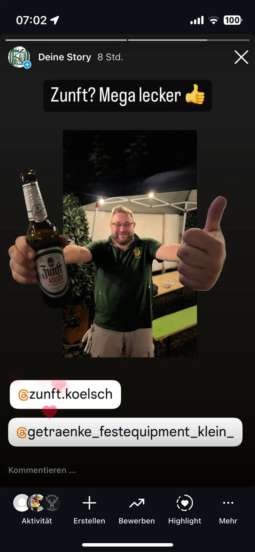 Instagram-Story eines Schützenbruders mit Zunft-Kölsch-Flasche am Vorabend des Festes
