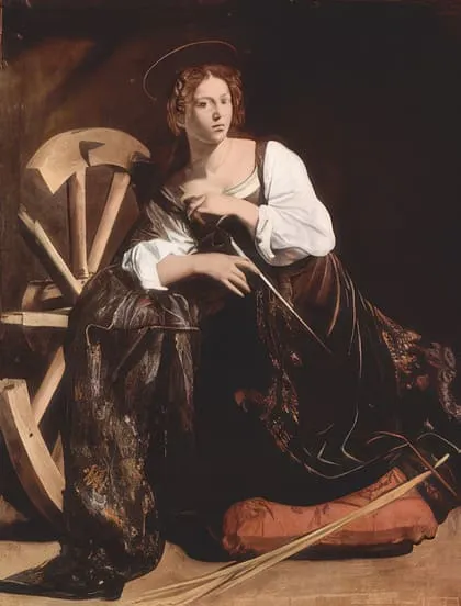 Caravaggio (1595–96): Hl. Katharina von Alexandria, kniend mit zerbrochenem Rad, Schwert und Märtyrerpalme