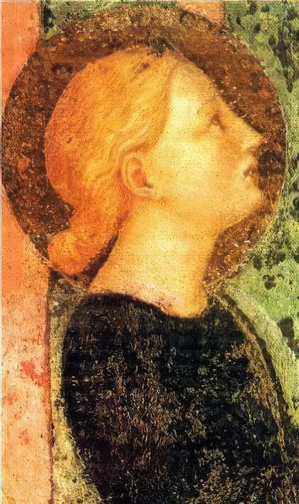 Profilportrait der hl. Katharina mit Heiligenschein, Detail eines mittelalterlichen Frescos